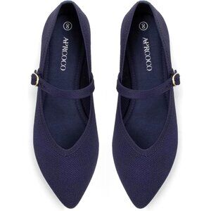 Women's Blue Knit Pointed Toe Ballet Flat with Ankle Strap Casual Comfort Shoes